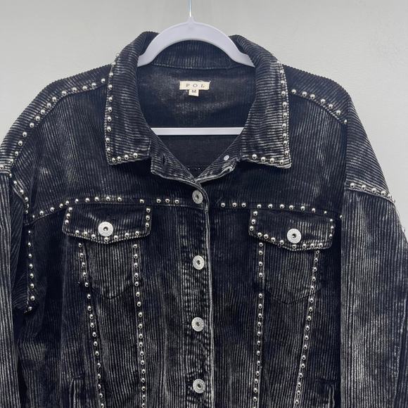 POL Black Corduroy Silver Studded Oversized Button Up Jacket - Picture 3 of 7